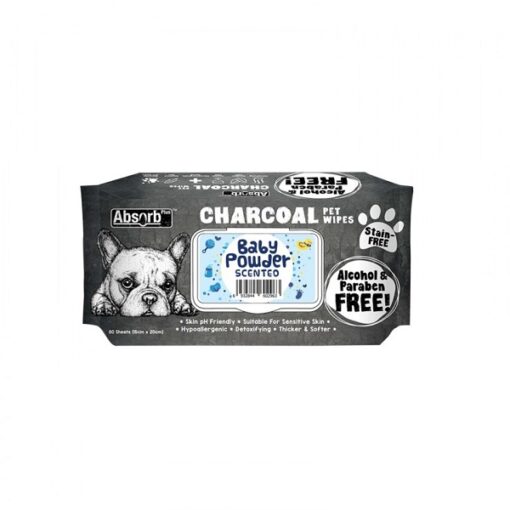 CHARCOAL PET WIPES baby powder 1000x1000 1 - Absolute Pet Absorb Plus Charcoal Pet Wipes Baby Powder 80 Sheets