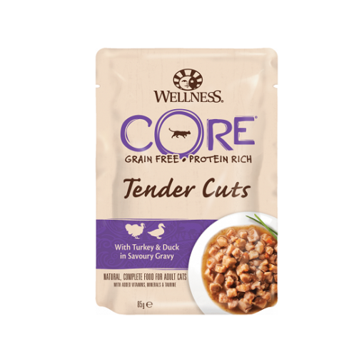 core cat tc trkyduck pouch trim 698x1024 1 1 - Wellness Core Signature Selects Chunky Beef & Chicken in Sauce Cat Wet Food 79G